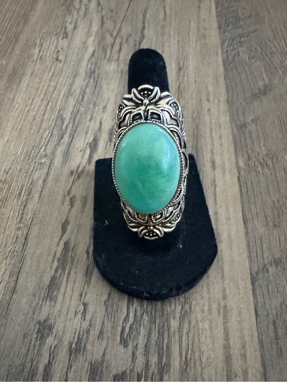 Boho Silver Statement Ring with Green Oval Stone